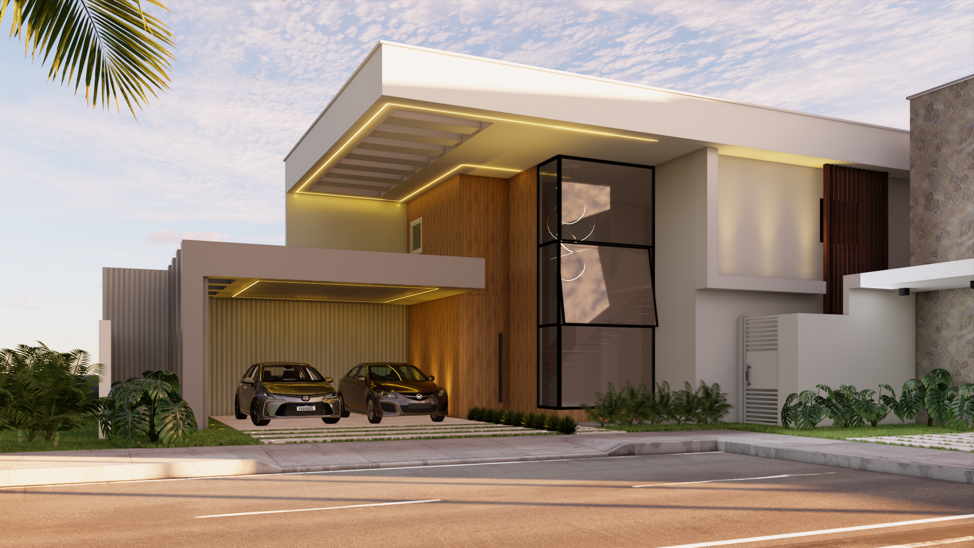 Residência com mezanino — iluminação âmbar e fachada de vidro